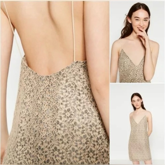 Zara Sz Med Slip Dress Beige Gray (Grey) Crochet Floral Low Back Mini Vneck - Picture 2 of 10